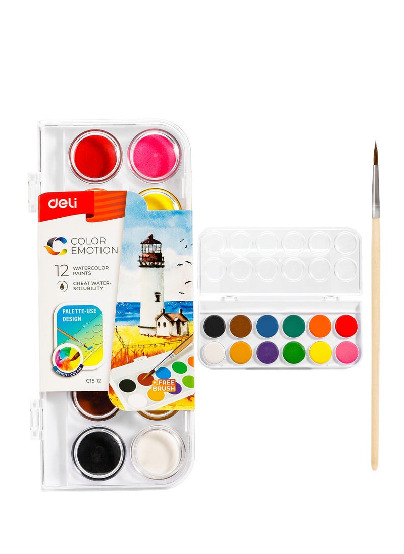 Deli 12-Piece Watercolour Paint Set With One Brush  - Image 1
