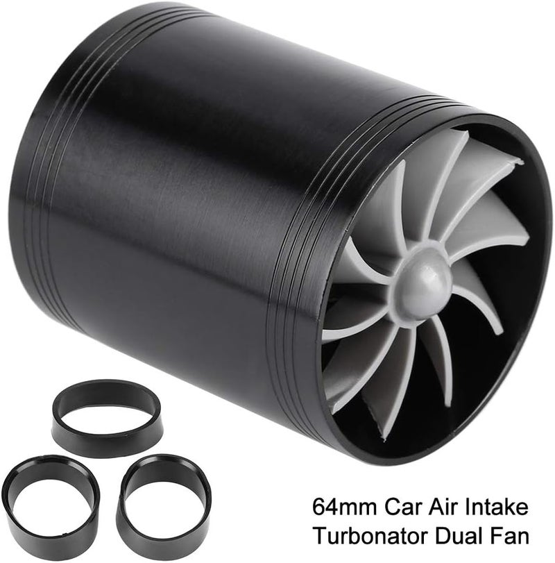 woobles for air intake turbo fan  Car Air Intake Turbonator,Universal Aluminum Alloy Turbonator Dual Fan Turbine Charger Gas Fuel Saver Turbo with Rubber Holder(Black) Black - Image 2