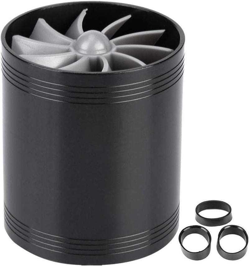 woobles for air intake turbo fan  Car Air Intake Turbonator,Universal Aluminum Alloy Turbonator Dual Fan Turbine Charger Gas Fuel Saver Turbo with Rubber Holder(Black) Black - Image 1