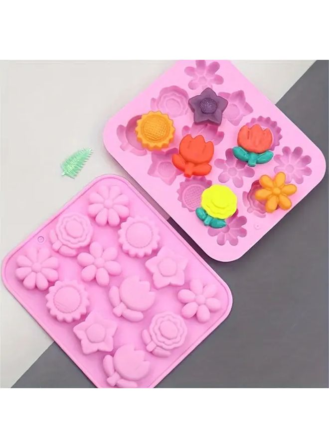 Pink 12 Cavity Silicone Flower Molds For Cake Soap Chocolate Cookie Baking Food Grade Non Stick - Image 1