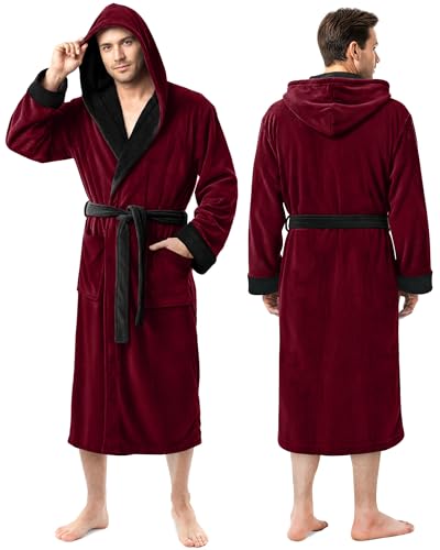 NY Threads روب رجال NY Threads مع غطاء رأس، روب استحمام فخم من الفليس مع غطاء رأس، روب سبا للرجال، 2X-Large/3X-Large، بورغندي وأسود - Image 1