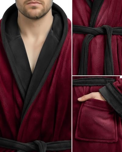 NY Threads روب رجال NY Threads مع غطاء رأس، روب استحمام فخم من الفليس مع غطاء رأس، روب سبا للرجال، 2X-Large/3X-Large، بورغندي وأسود - Image 3