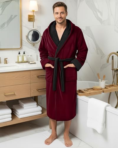 NY Threads روب رجال NY Threads مع غطاء رأس، روب استحمام فخم من الفليس مع غطاء رأس، روب سبا للرجال، 2X-Large/3X-Large، بورغندي وأسود - Image 2