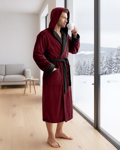 NY Threads روب رجال NY Threads مع غطاء رأس، روب استحمام فخم من الفليس مع غطاء رأس، روب سبا للرجال، 2X-Large/3X-Large، بورغندي وأسود - Image 5