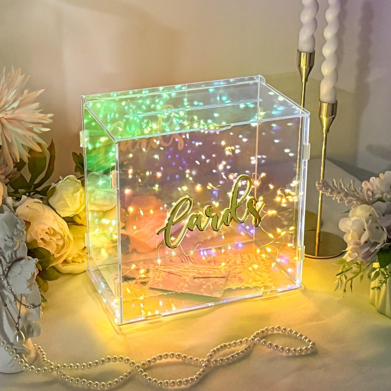 OurWarm Iridescent Acrylic Wedding Card Box with String Light DIY Gift Card Box for Wedding Reception Wedding Envelope Money Card Boxes Holder for Party Graduation Baby Shower Birthday Decorations - Image 2