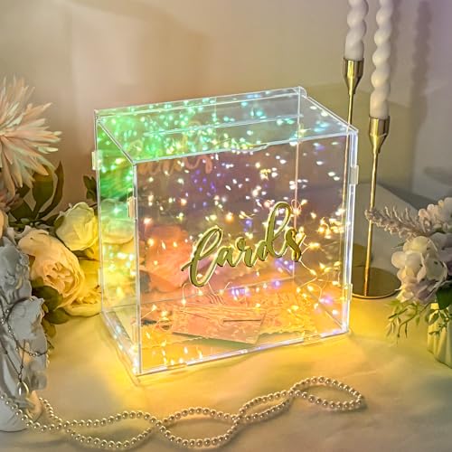 OurWarm Iridescent Acrylic Wedding Card Box with String Light DIY Gift Card Box for Wedding Reception Wedding Envelope Money Card Boxes Holder for Party Graduation Baby Shower Birthday Decorations - Image 1