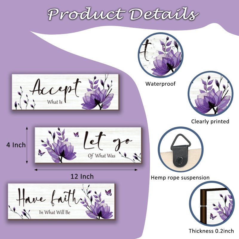 ONIZHITY 3 Pcs Purple Bathroom Decor Rustic Flower Wall Art Accept Let Go Have Faith Farmhouse Bedroom Wall Decor Wooden Inspirational Quotes Decorations for Living Room Bathroom Bedroom(Purple  12 x 4 Inches) - Image 5
