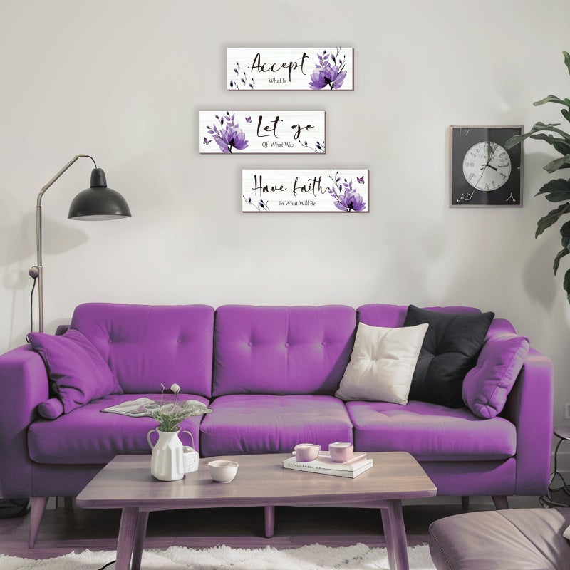 ONIZHITY 3 Pcs Purple Bathroom Decor Rustic Flower Wall Art Accept Let Go Have Faith Farmhouse Bedroom Wall Decor Wooden Inspirational Quotes Decorations for Living Room Bathroom Bedroom(Purple  12 x 4 Inches) - Image 4