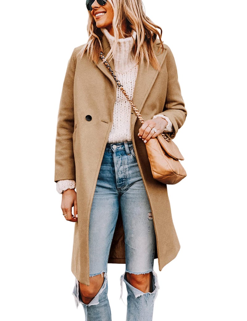 Tanming Women's Notch Lapel Double Breasted Wool Blend Mid Long Pea Trench Coat (Khaki-S) - Image 1