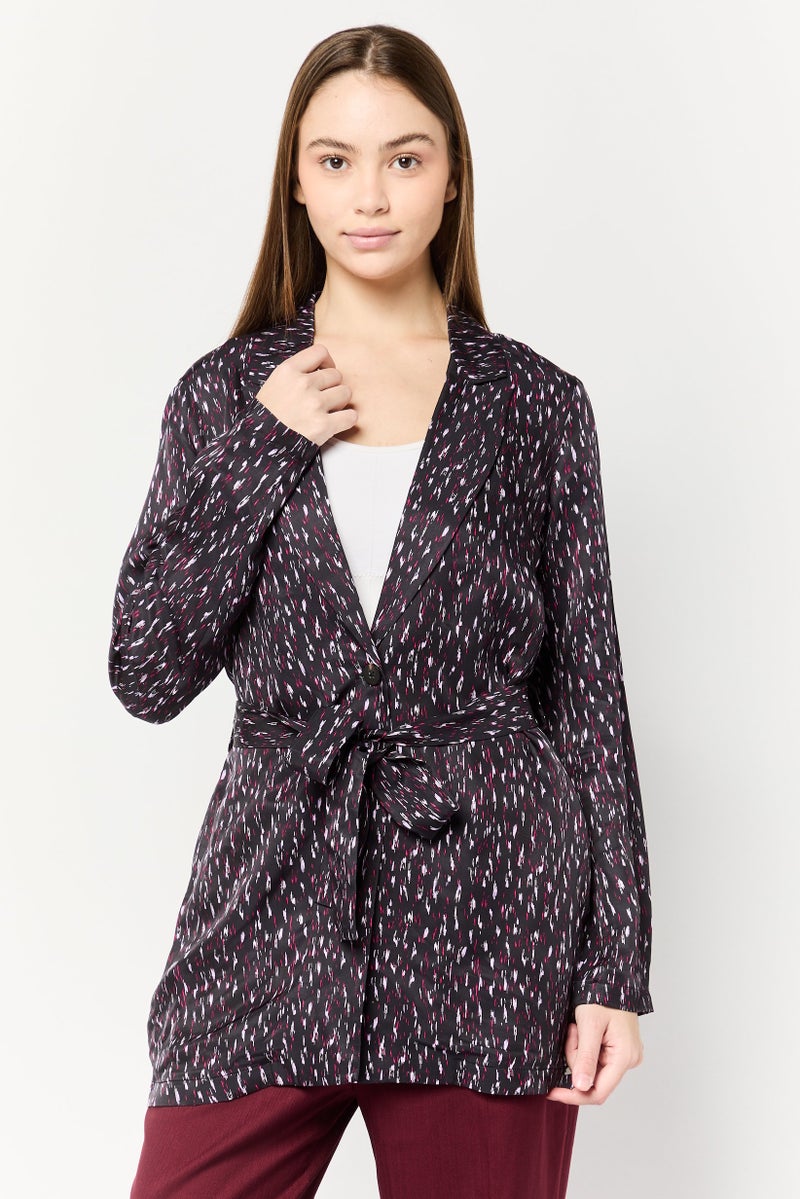 Scotch & Soda Women Regular Fit Allover Print Belted Casual Blazer, Multicolor - Image 1