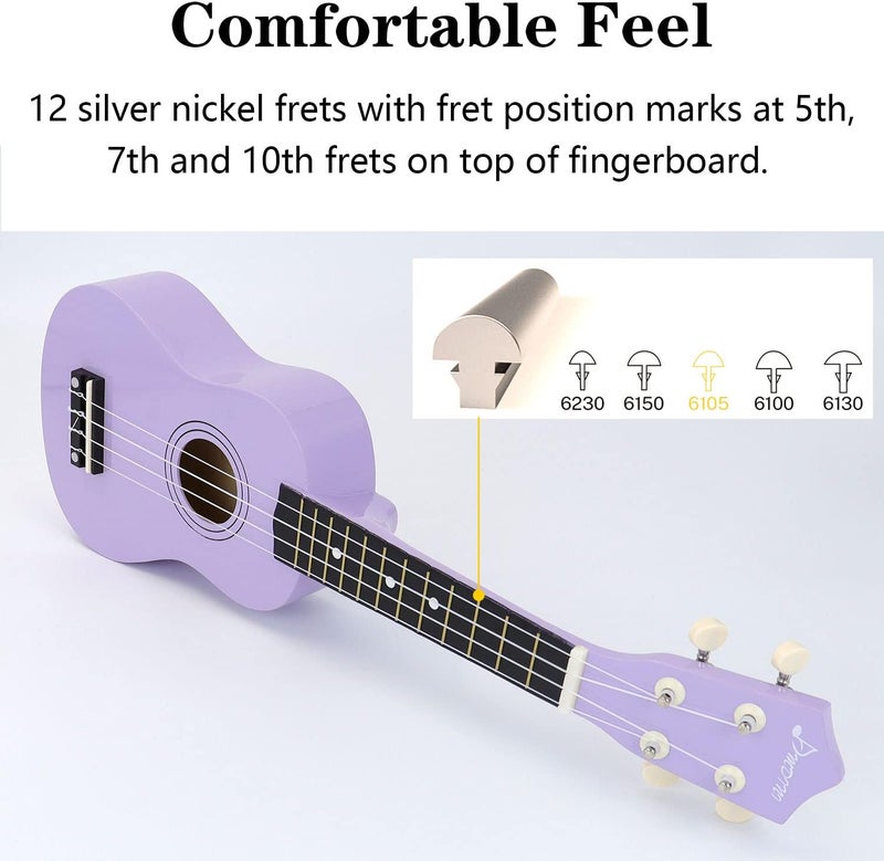 Amdini 21 Inch Ukulele for Beginners Basswood Soprano Ukelele Kit for Kids Adult Student Starter Mini Guitar Ukalelee Pack Bundle with Book Gig Bag Tuner Strap Picks Nylon Strings (Purple) - Image 5