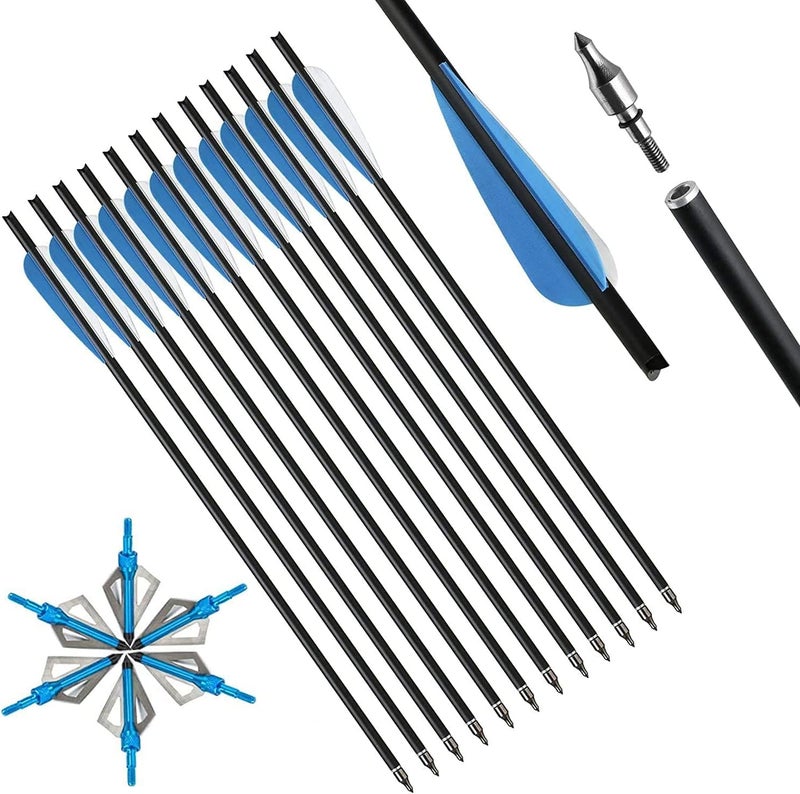 IRQ 20 Inch Carbon Crossbow Bolt and Crossbow Broadheads Set, 12 Pcs Hunting Carbon Arrows for Crossbow with 3 Blade Broadheads 6 Pcs for Archery Practise Hunting Crossbow Arrows - Image 1