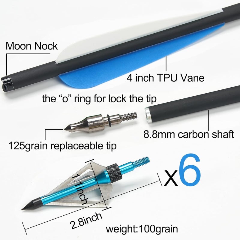 IRQ 20 Inch Carbon Crossbow Bolt and Crossbow Broadheads Set, 12 Pcs Hunting Carbon Arrows for Crossbow with 3 Blade Broadheads 6 Pcs for Archery Practise Hunting Crossbow Arrows - Image 2