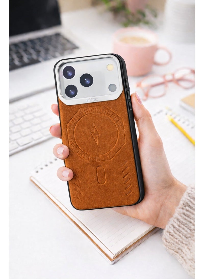 VR CREATIVE Premium Leather MagSafe Compatible Case for iPhone 17 Pro - Magnetic Wireless Charging Cover, Shock Absorbent, Raised Camera Protection – Brown - Image 3