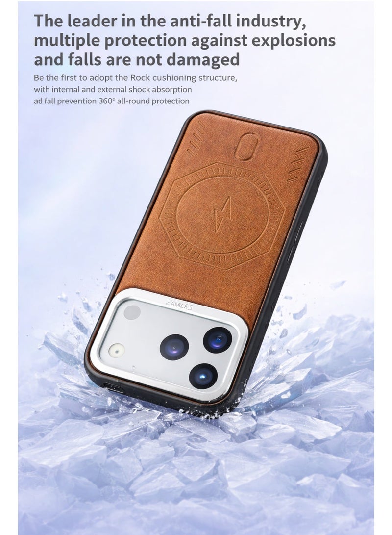 VR CREATIVE Premium Leather MagSafe Compatible Case for iPhone 17 Pro - Magnetic Wireless Charging Cover, Shock Absorbent, Raised Camera Protection – Brown - Image 5