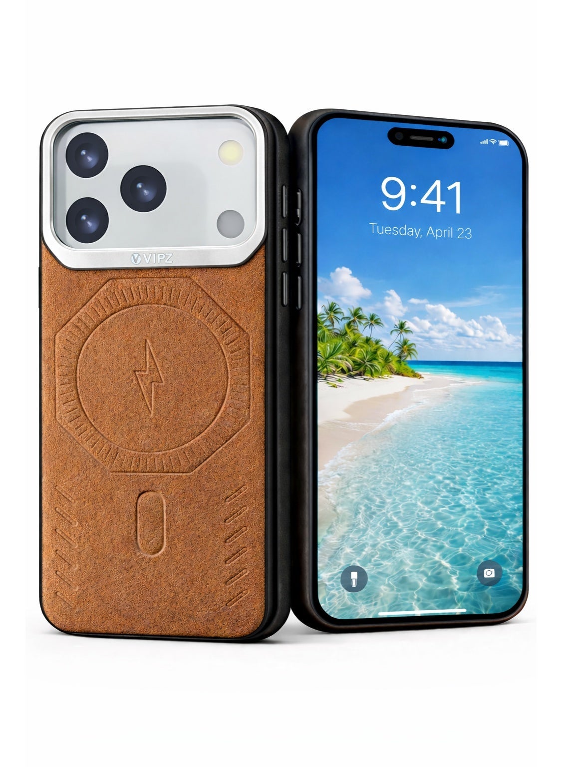VR CREATIVE Premium Leather MagSafe Compatible Case for iPhone 17 Pro - Magnetic Wireless Charging Cover, Shock Absorbent, Raised Camera Protection – Brown