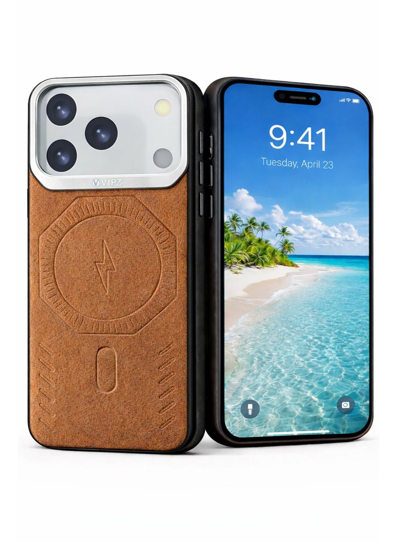 VR CREATIVE Premium Leather MagSafe Compatible Case for iPhone 17 Pro - Magnetic Wireless Charging Cover, Shock Absorbent, Raised Camera Protection – Brown - Image 1