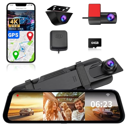 QOZ 3 Channel Mirror Dash Camera, 4K/3K+2.5K/1080p+1080p Rear View Mirror Camera with GPS, APP Control, WDR Night Vision, G-Sensor, Loop Recording, 24 Hours Parking Monitor, 64GB Card Included - Image 1