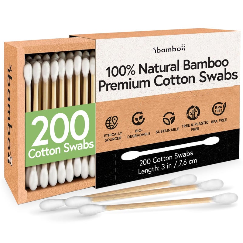 Ibambo 100 Bamboo Cotton Ear Swabs 200Pack  Double Tipped Ear Cotton Buds for Beauty  Personal Care  FSC Certified  Hypoallergenic  Suitable for All Ages  Pets  Biodegradable  Disposable