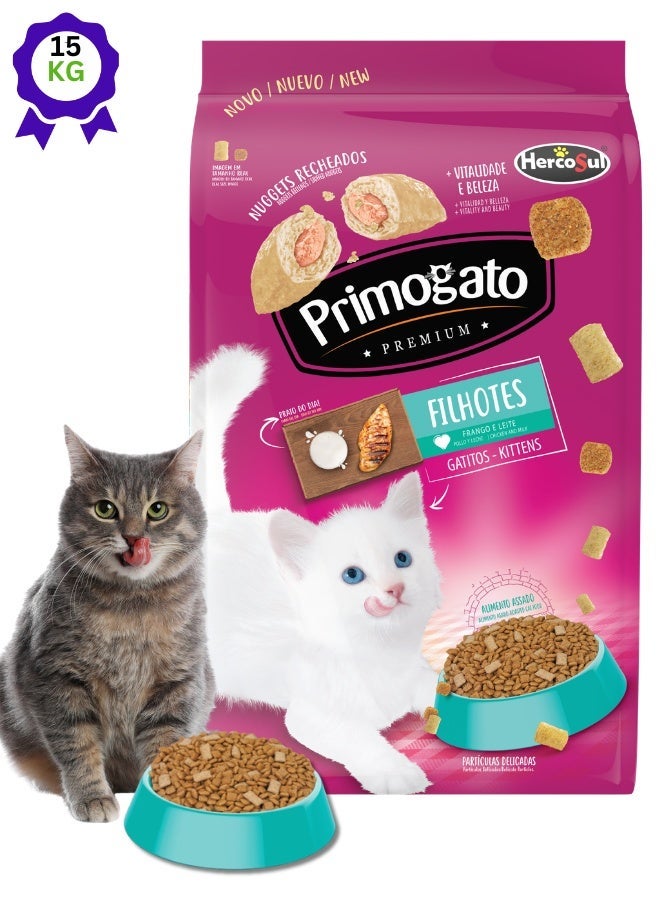 PRIMOGATO Kittens Chicken & Milk Dry Cat Food 15KG – Complete Kitten Food for Healthy Growth | Nutritious Cat Food Dry in Cat Bag | Crunchy Cat Treats Style Kibble | Alternative to Cat Wet Food - Image 1