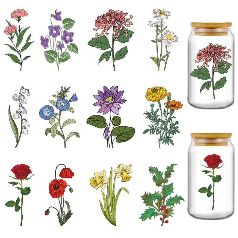 AFRITEE UV DTF Cup Wrap 24 Sheets Birth Flower UV DTF Cup Wraps for 16 oz Glass Birthday Gifts Birth Month Flowers Uv Dtf Transfer Stickers for Her Mom Sisters Friends Family Birthday Gifts