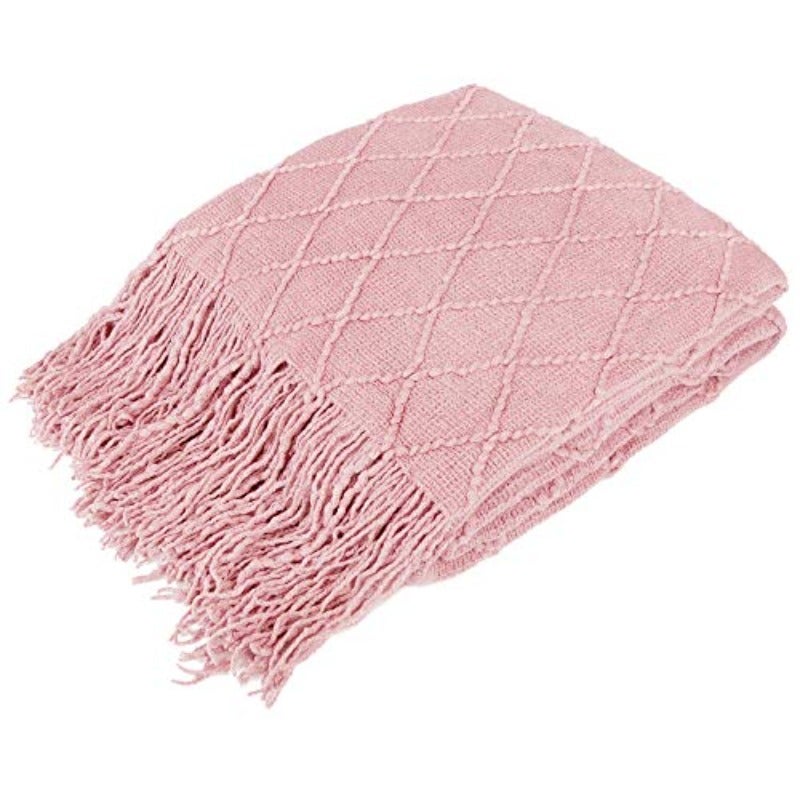 بطانية صغيرة وردية اللون ناعمة من الكتان للكنبة أو السرير المزدوج، بطانية ناعمة من الصوف الم knitted، بطانية منزلية للأريكة، خفيفة الوزن، زخرفية لصيف، جميلة للكرسي، للهواء الطلق، بطانية بوهو ذات ملمس، مقاس 60×80 - Image 1