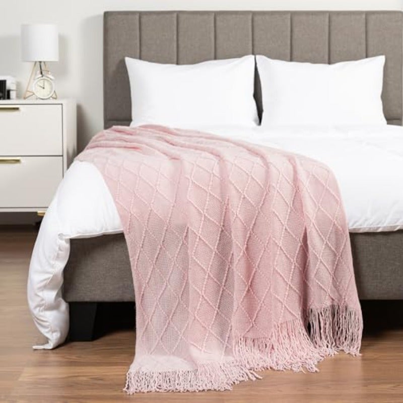 بطانية صغيرة وردية اللون ناعمة من الكتان للكنبة أو السرير المزدوج، بطانية ناعمة من الصوف الم knitted، بطانية منزلية للأريكة، خفيفة الوزن، زخرفية لصيف، جميلة للكرسي، للهواء الطلق، بطانية بوهو ذات ملمس، مقاس 60×80 - Image 2