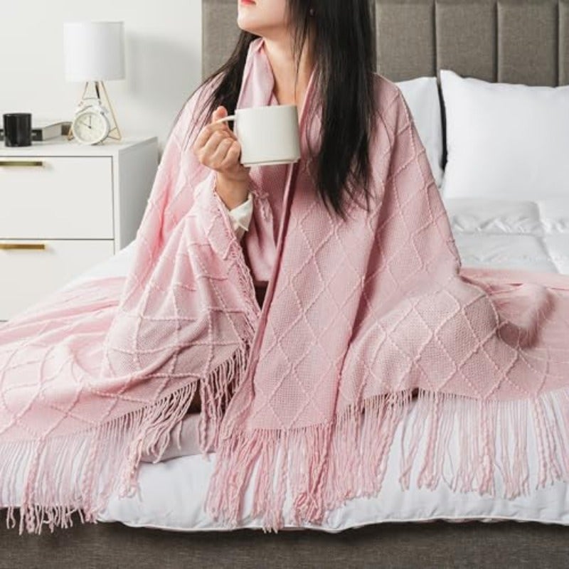 بطانية صغيرة وردية اللون ناعمة من الكتان للكنبة أو السرير المزدوج، بطانية ناعمة من الصوف الم knitted، بطانية منزلية للأريكة، خفيفة الوزن، زخرفية لصيف، جميلة للكرسي، للهواء الطلق، بطانية بوهو ذات ملمس، مقاس 60×80 - Image 5
