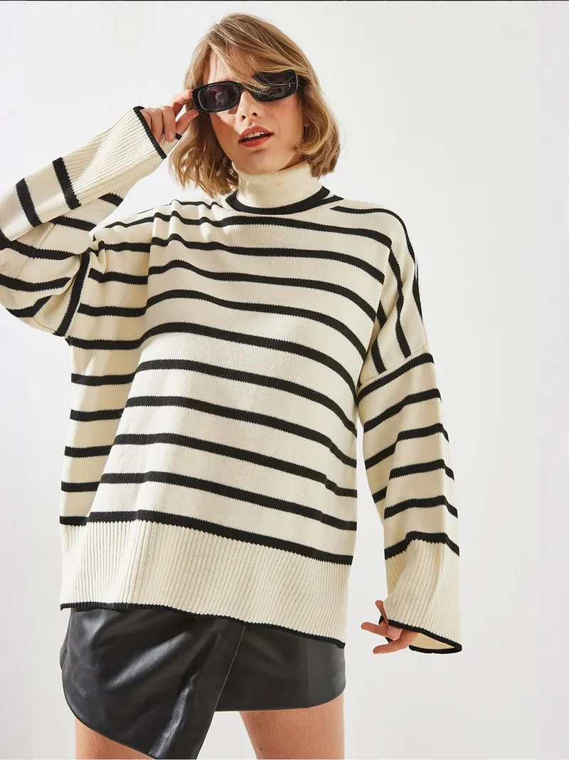 Bianco Lucci Multicolor LUCCI Striped Ribbed Turtleneck Sweater for Women | Best Price UAE