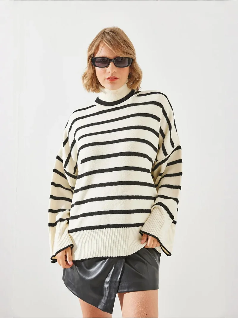 Bianco Lucci Multicolor LUCCI Striped Ribbed Turtleneck Sweater for Women | Best Price UAE