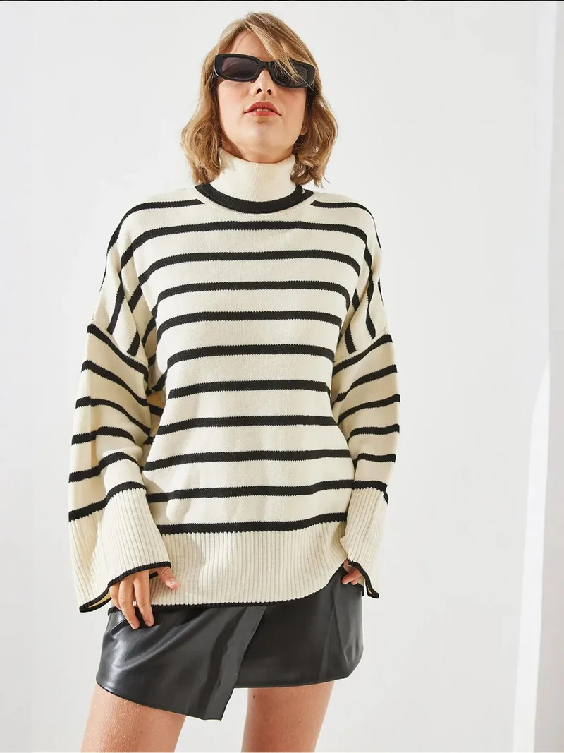 Bianco Lucci Multicolor LUCCI Striped Ribbed Turtleneck Sweater for Women | Best Price UAE