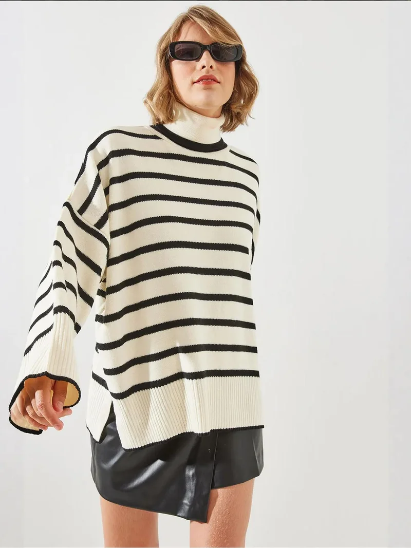 Bianco Lucci Multicolor LUCCI Striped Ribbed Turtleneck Sweater for Women | Best Price UAE