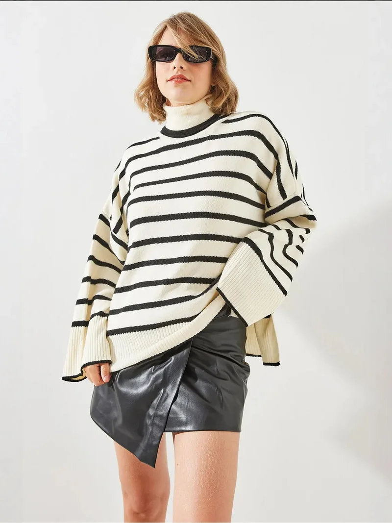 Bianco Lucci Multicolor LUCCI Striped Ribbed Turtleneck Sweater for Women | Best Price UAE