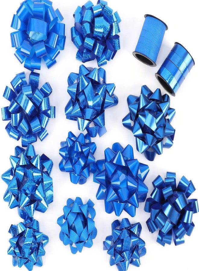 HCHENBOW 14 Pcs Gift Bows Assortment - Assorted Size Gift Bows and 2 Crimped Curling Ribbons, Perfect for Christmas, Holiday, Party (Blue) - Image 1