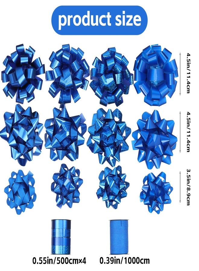 HCHENBOW 14 Pcs Gift Bows Assortment - Assorted Size Gift Bows and 2 Crimped Curling Ribbons, Perfect for Christmas, Holiday, Party (Blue) - Image 2