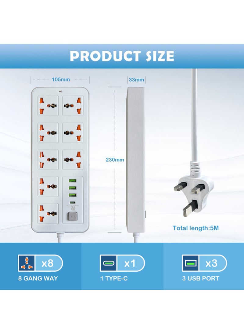 روك بو كابل تمديد عالمي بطول 5 أمتار مع مقبس متعدد الوظائف من المملكة المتحدة مزود بثلاثة دبابيس مع 8 منافذ USB ومنفذ واحد من النوع C ومقبس كهربائي بطول 5 أمتار للمنزل والمطبخ والمكتب - Image 2