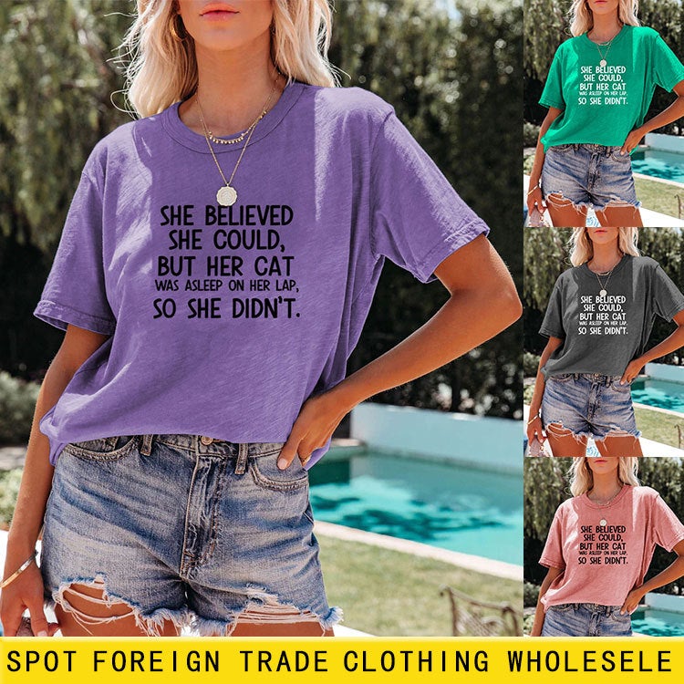 She Believed She C Letter Printed Loose T-Shirt Versatile and Comfortable Short Sleeves - Image 2