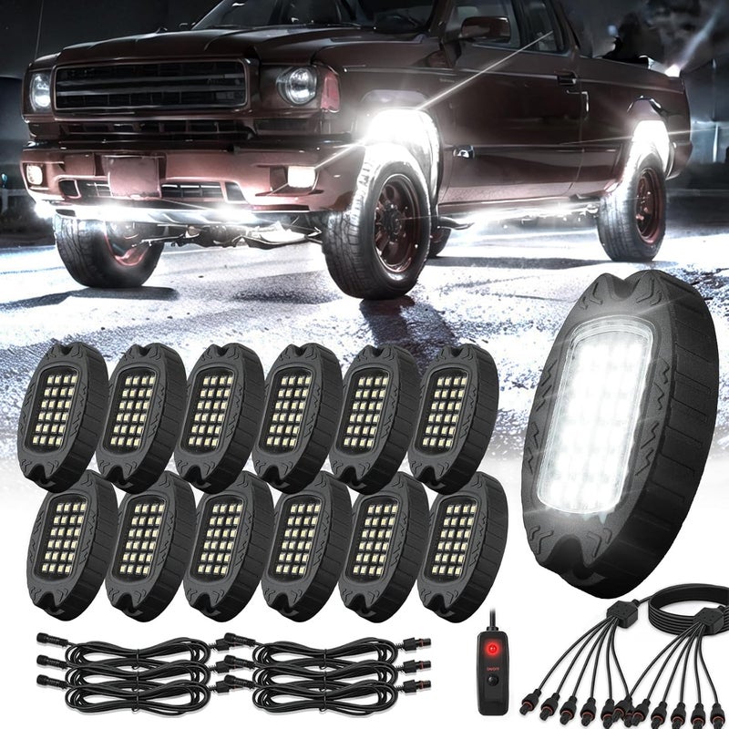 TDE Explorer.Lighting 12 Pods White Rock Lights for Trucks, Waterproof Pure White LED Underglow Lights with Harness, Underbody Light for Jeep Car Offroad Golf Cart SUV ATV UTV Wheel Well Lights - Image 1