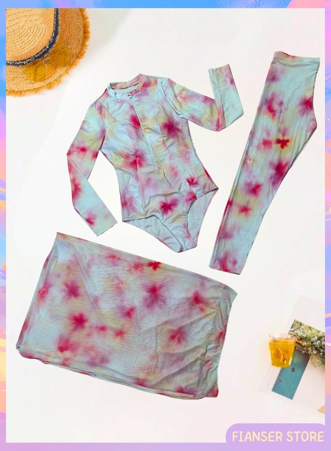 فيانسر بوركيني ملابس سباحة طقم مكوّن من 3 قطع أكمام طويلة مع تنورة ملفوفة طويلة تغطية كاملة أزياء محتشمة ملابس شاطئ محتشم بطبعة وردية إسلامي للمسلمات كلاسيكي ملابس عربية حماية من أشعة الشمس فوق البنفسجية بدلة غوص بدلة ركوب الأمواج سريع الجفاف زي سباحة شيفون بسحاب بنطال طويل - Image 4