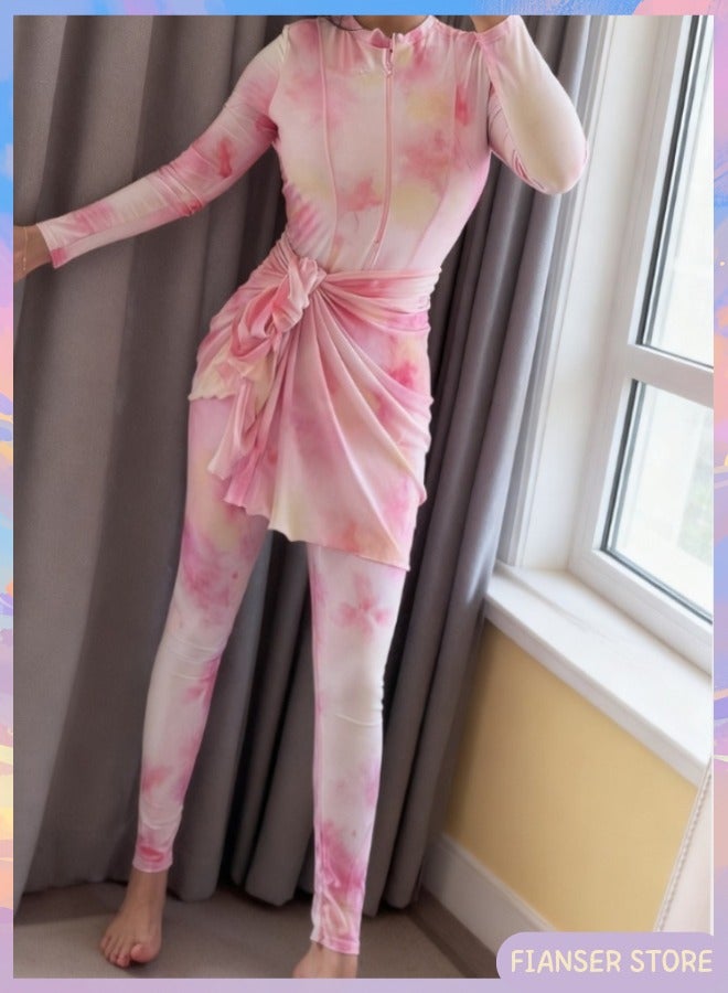 فيانسر بوركيني ملابس سباحة طقم مكوّن من 3 قطع أكمام طويلة مع تنورة ملفوفة طويلة تغطية كاملة أزياء محتشمة ملابس شاطئ محتشم بطبعة وردية إسلامي للمسلمات كلاسيكي ملابس عربية حماية من أشعة الشمس فوق البنفسجية بدلة غوص بدلة ركوب الأمواج سريع الجفاف زي سباحة شيفون بسحاب بنطال طويل - Image 3