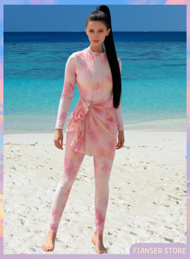 فيانسر بوركيني ملابس سباحة طقم مكوّن من 3 قطع أكمام طويلة مع تنورة ملفوفة طويلة تغطية كاملة أزياء محتشمة ملابس شاطئ محتشم بطبعة وردية إسلامي للمسلمات كلاسيكي ملابس عربية حماية من أشعة الشمس فوق البنفسجية بدلة غوص بدلة ركوب الأمواج سريع الجفاف زي سباحة شيفون بسحاب بنطال طويل - Image 2