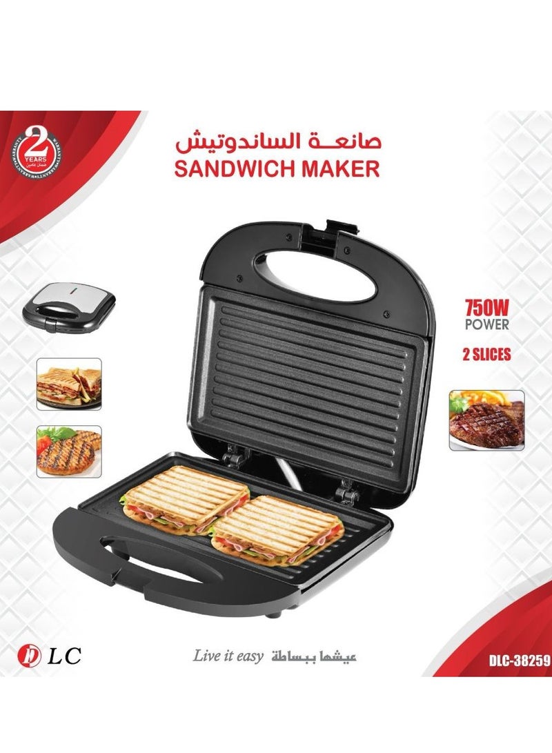 DLC 2-Slice Sandwich Maker Non-Stick Coating Plate 750 W DLC-38259 Black/Silver - Image 1