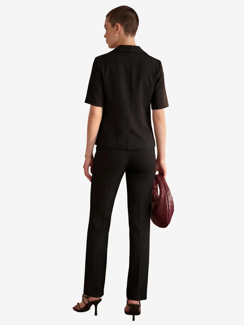 MY FASHION Black MY FASHION Buttoned Short Sleeve Jacket & PantsTwo-Piece Set for Women | Best Price UAE
