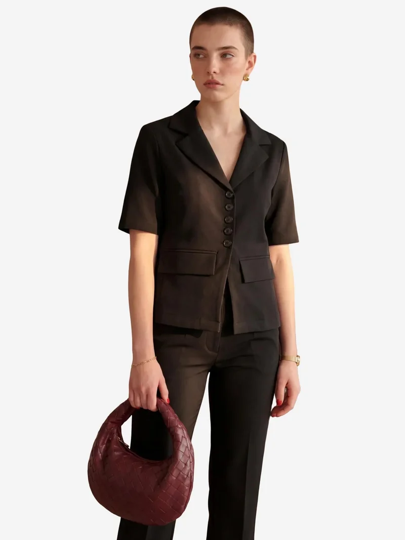 MY FASHION Black MY FASHION Buttoned Short Sleeve Jacket & PantsTwo-Piece Set for Women | Best Price UAE