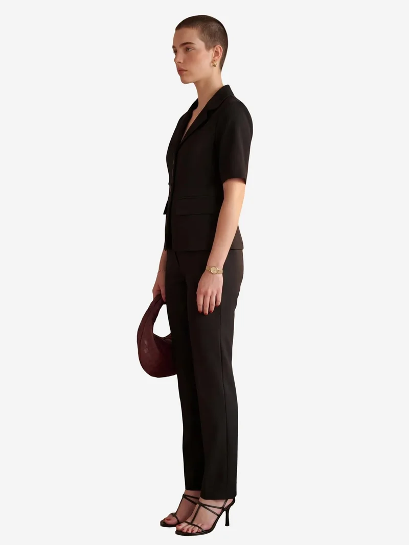 MY FASHION Black MY FASHION Buttoned Short Sleeve Jacket & PantsTwo-Piece Set for Women | Best Price UAE