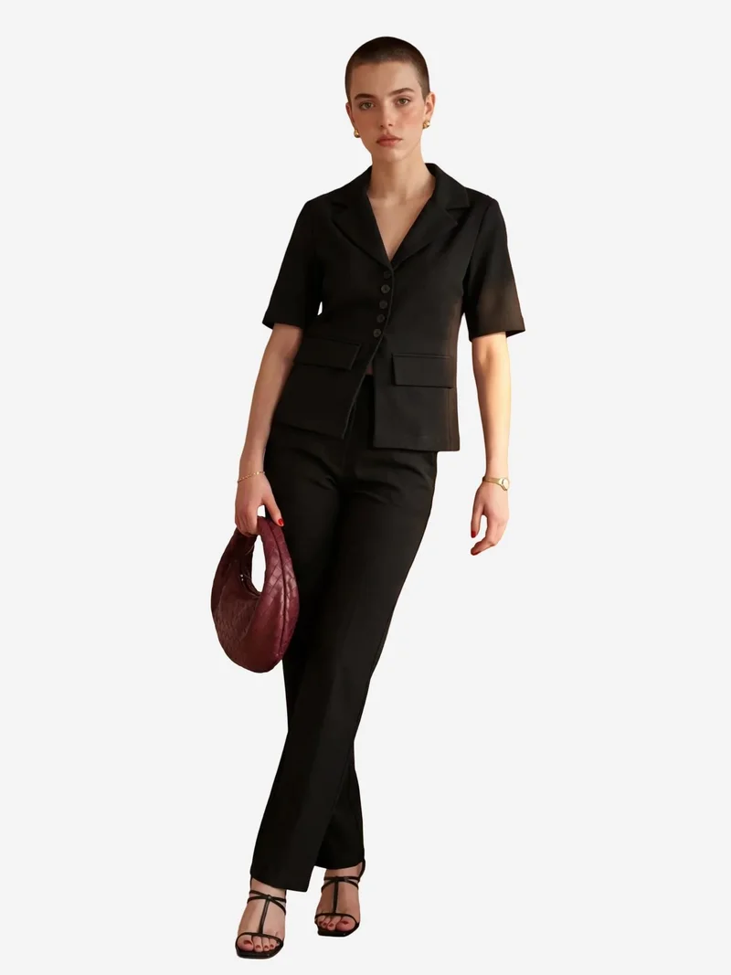 MY FASHION Black MY FASHION Buttoned Short Sleeve Jacket & PantsTwo-Piece Set for Women | Best Price UAE