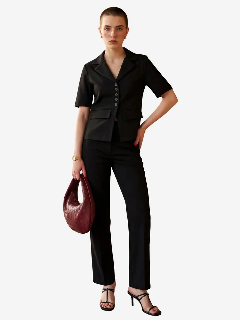 MY FASHION Buttoned Short Sleeve Jacket & PantsTwo-Piece Set