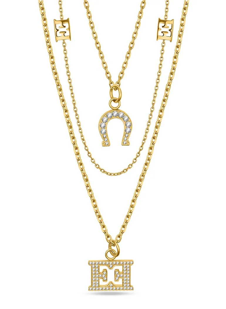 ESCADA Catherine Necklace Three-Layer Link and Beaded Chain with Horseshoe and Logo Charms
