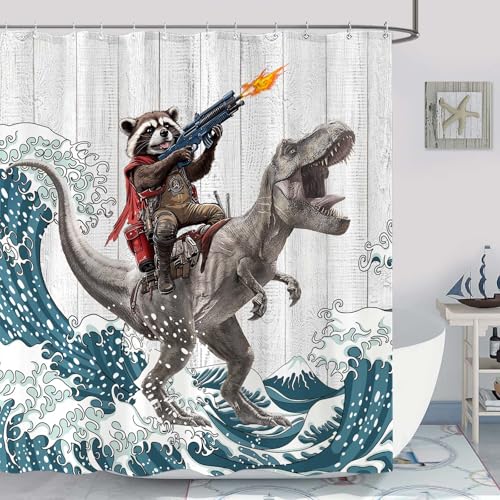 Accnicc Funny Raccoon Dinosaur Shower Curtain Fun Cool Animal Japanese Ocean Wave Shower Curtains for Bathroom Kids Unique Waterproof Fabric Rustic Wooden Farmhouse Bath Curtain Decor 72 X 72 Inches - Image 1