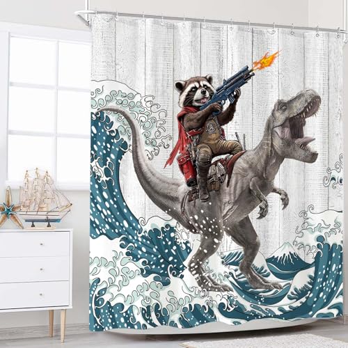 Accnicc Funny Raccoon Dinosaur Shower Curtain Fun Cool Animal Japanese Ocean Wave Shower Curtains for Bathroom Kids Unique Waterproof Fabric Rustic Wooden Farmhouse Bath Curtain Decor 72 X 72 Inches - Image 5